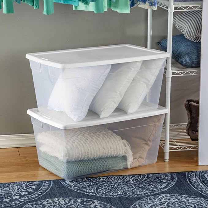 Sterilite Storage Box, Stackable Clear Plastic Bins, 90 Quart, 8-Pack | Heavy-Duty Organizing Containers with Snap-On Lids for Closet, Bathroom, and Office