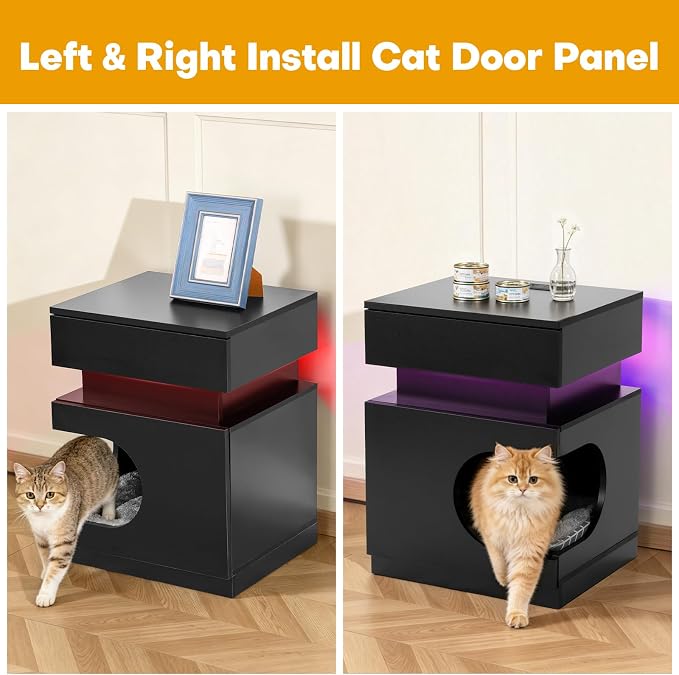 18" Pet Nightstand Charging LED Cat Cave Storage Drawer Side Table Black | Built-in charging: 2 AC outlets, 2 USB-A & Type-C ports, LED soothes pets at night, cushioned cave, drawer stores supplies