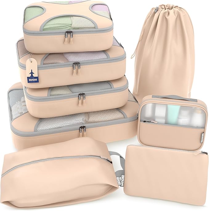 Shacke 8 Set Packing Cubes for Travel, Shoe & Toiletry Bags (Nude Biege) | Complete Suitcase Organizer Bags Set: 4 Luggage Packing Cubes + Laundry, Shoe, Toiletry & Accessories Bags for Any Trip