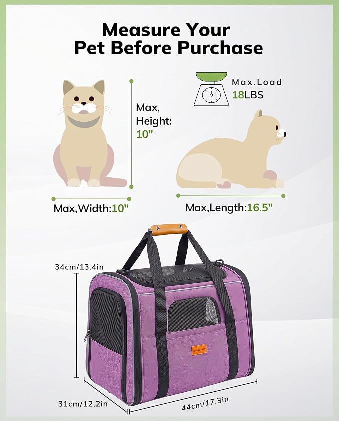 Morpilot Cat Carrier Soft for Large Medium Cats and Puppy up to 20lbs | with Dual-Sided Cushion, Secure Buckle and Foldable Bowl, Dog Carriers for Small Dogs(Purple)-17.3"L x 12.2"W x 13.4"H