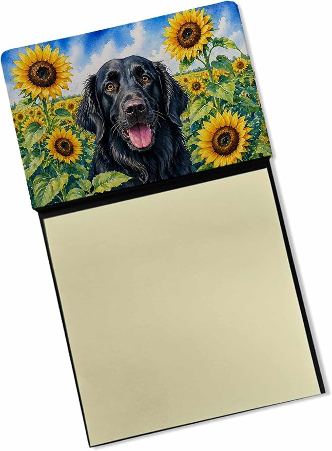Caroline's Treasures Flat-Coated Retriever in Sunflowers Watercolor Sticky Note Holder Refillable Dispenser Desk Accessory 3x3 Pad Gift