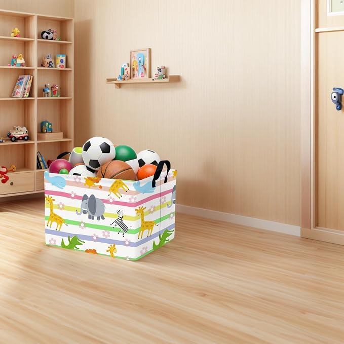 Cute Rectangle Woodland Animal Baby Girl Basket Nursery Playroom Bedroom Decor Clothes Toy Storage Basket Linen Canvas Colorful Animals