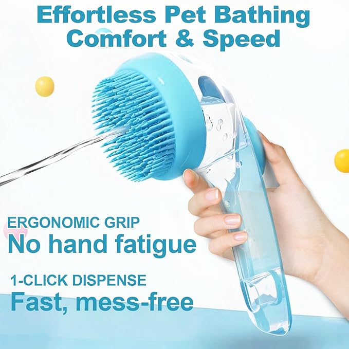 Dog Bath Brush with Shampoo Dispenser - 4-in-1 Pet Bath Brush & Grooming Kit, Dog Shampoo Brush, Includes Silicone Scrubber Pet Shower Brush, Compressed Towel, Wipes & Tablets for Cat Shower