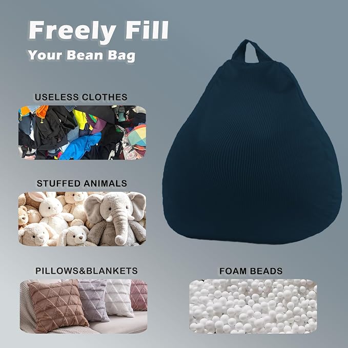 LPMOERA Stuffed Animal Storage Soft Bean Bag Cover No Filler Navy Blue | Skin-Friendly,Portable,Wide Easy-Load Opening,Hidden Zipper,Decorative Organizer