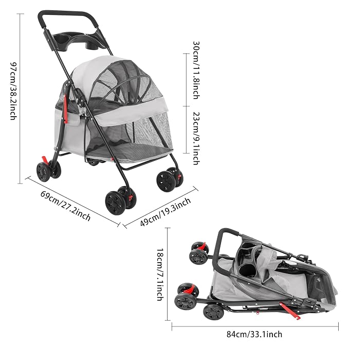 Foldable Pet Stroller for Small Dogs Cats,Lightweight Dog Cat Travel Carrier Cart,40lbs Capacity with Lockable Brakes 360° Wheels for Walking Park Shopping Travel,Compact Folded 33.1x7.1in for Medium