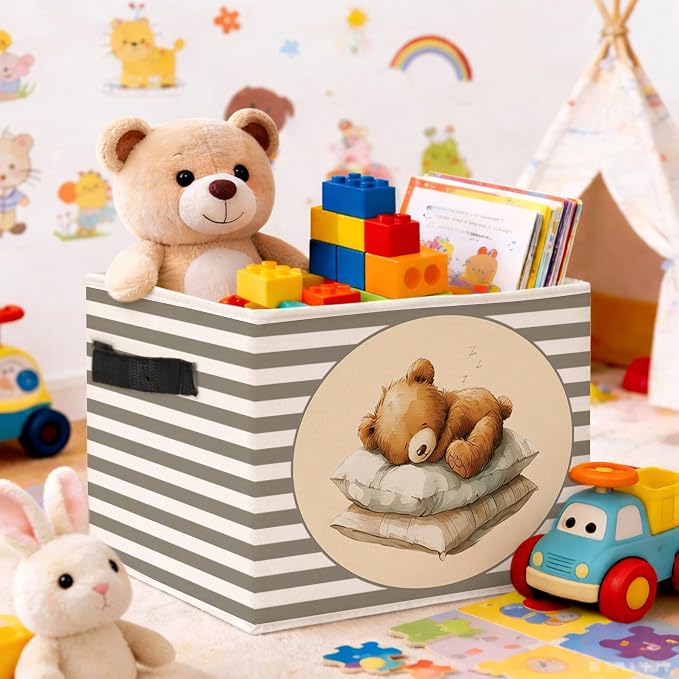 Sleeping Teddy Bear Gray Stripe Foldable Fabric Storage Bin | Sleeping teddy bear gray stripe design; foldable fabric storage bin for kids room, nursery, playroom, toys, books.