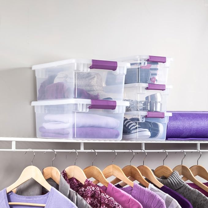 Sterilite ClearView Latch Boxes, Storage Bins with Lids, 6 Quart, 12-Pack | Clear Plastic Organizers with Color Accent Latches for Closet, Bedroom, Shelving Units, Dorm Room and Home Organization