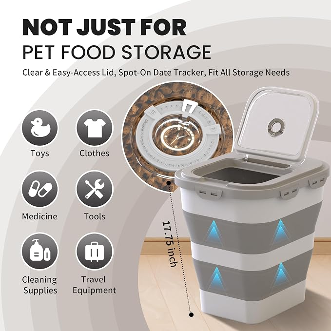 35-40Lbs Airtight Dog Food Storage Container Collapsible Dog Food Container | Large Pet Food Storage Container with Lid, Wheels,Date Track,Keep Fresh for Rice,Flour,Sugar,Scoop,2PCS Container