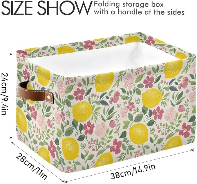 susiyo Large Foldable Storage Bin Beautiful Floral Lemon Fabric Storage Baskets Collapsible Decorative Baskets Organizing Basket Bin with PU Handles for Shelves Home Closet Bedroom Living Room-1Pack