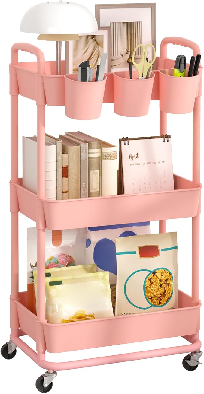 3-Tier Plastic Rolling Storage Cart Utility Cart Pink | Utility Cart with Extra Hanging Cups Arc-Shaped Handles Lockable Wheels for Living Room Bathroom Kitchen Office