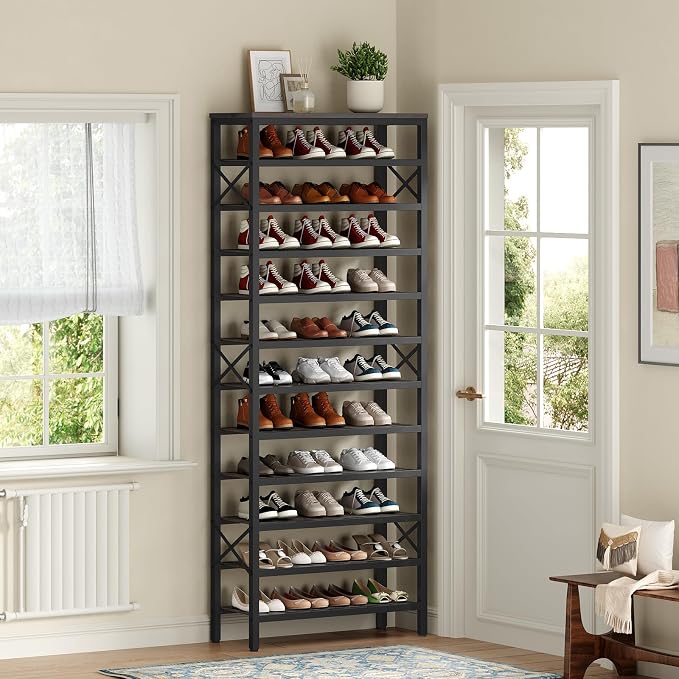 YATINEY Foldable Dog Crate Furniture and 12-Tier Tall Shoe Rack Organizer, Wooden Shoe Storage for Closet Holds 48 Pairs, Sturdy Shoe Shelf with X-Shaped Metal Support, for Entryway DC95BG-SS212BC