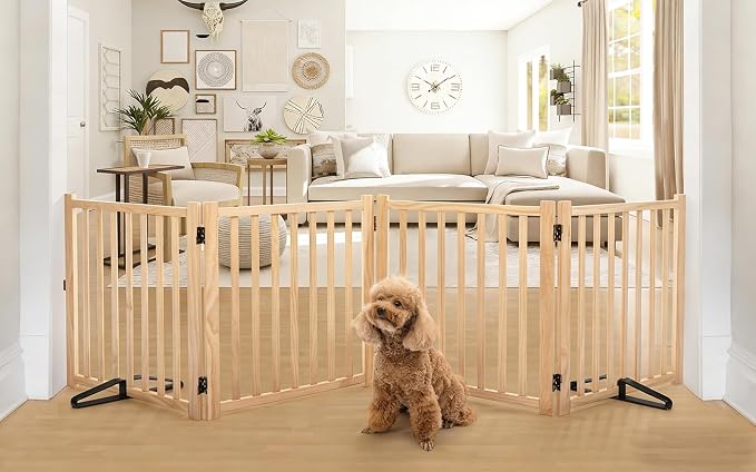 YOCAN Non-Painted Wooden Freestanding Dog Gates -4 Panel H:23” | Pet Gate for The House,Doorways, Stairs,Wood Dog Fences Indoor Pet Gate,Step Over Fence