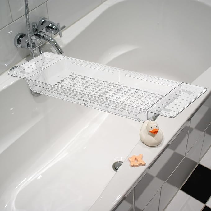 Expandable Bathtub Tray Caddy Pet Bathroom Organizer Rack | Foldable Soap Dish Design, Rectangular Lightweight Build, Shower and Travel Storage, Space Saving Multifunctional Layout