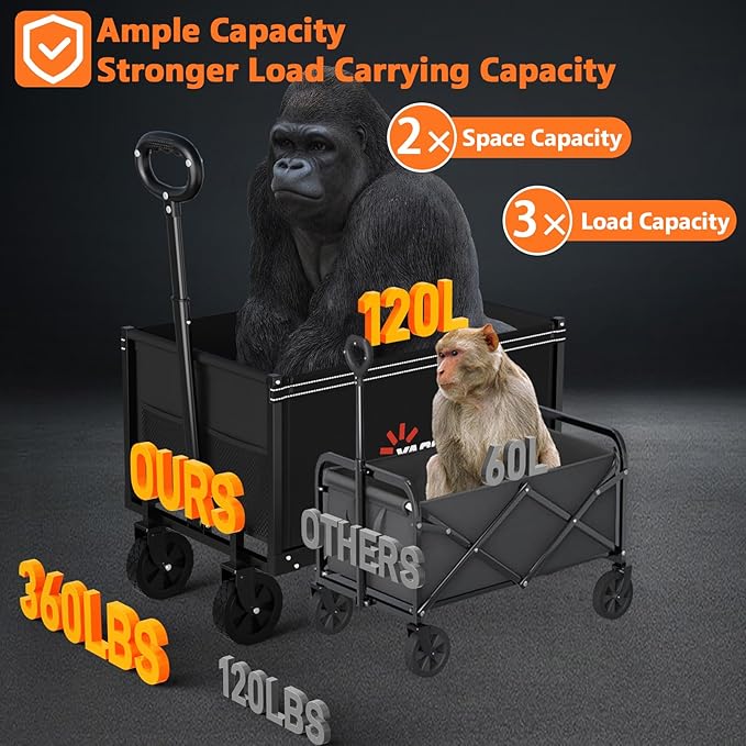 Semoprus 3 in 1 Wagons Carts Foldable,360LBS Beach Cart with Sturdy Wheels | Foldable, Lightweight, Portable, Simple Installation, for Camping Shopping Beach Garden Sports, Black