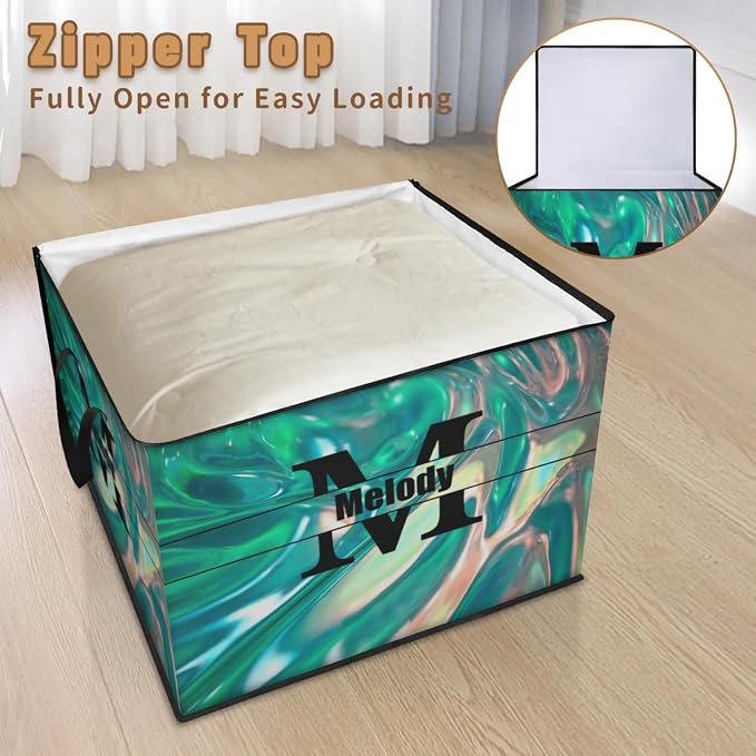 Custom Name Large Clothes Storage Organization with Lids, Black Initial Letter Kids Toys Bin Shelf Basket, Bedding Clothes Storage Bin for Nursery, Gift Basket, Abstract Green Pattern