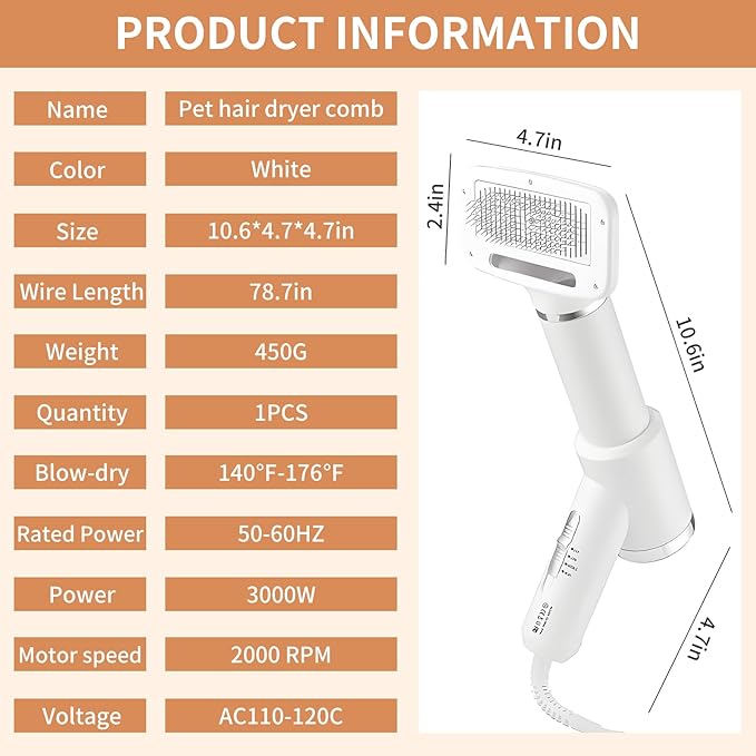 Dog Grooming Dryer with Slicker Brush, 3 in 1 Professional Portable Pet Dryer for Dogs Cats Adjustable Temperature Speed Settings, Pet Blow Brush for Home Travel Use (White)