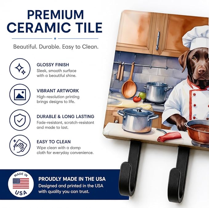 Caroline's Treasures Chocolate Labrador Retriever The Chef Leash or Key Holder Wall Hooks, Key Hooks Holder, Coat Rack Wall Mount, Coat Hooks, Hooks for Hanging Keys, Towels, Aprons, Leashes | Chocolate Labrador Retriever The Chef artwork on ceramic ti...