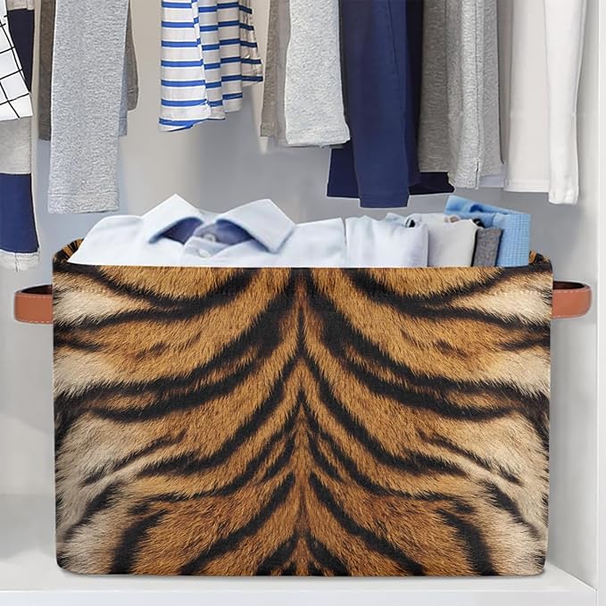 AUUXVA SEULIFE Animal Tiger Leopard Print Foldable Storage Basket, Large Collapsible Organizer Storage Bin Cube Toys Storage Boxes with Handles for Bathroom Kids Nursery Closet Storage, 2 Pack