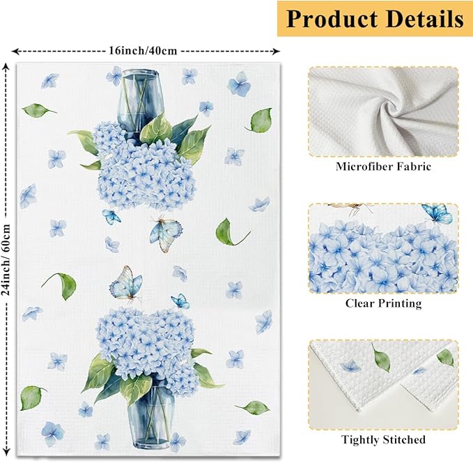 Hydrangea Blue Kitchen Towels and Dishcloths Set of 4, Sweet Home Decorative Hand Towel Drying Cloth for Bathroom Baking, Housewarming Gift for Hostess, Women, 16x24 Inches -08