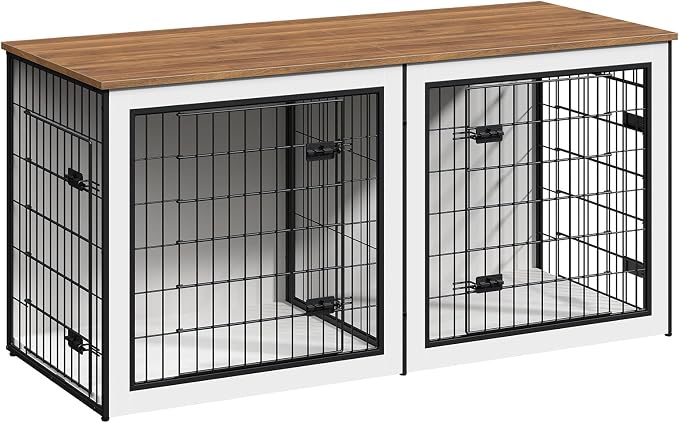 HOOBRO Dog Crate Furniture for 2 Dogs, 63" Large Double Dog Crate Furniture with Divider, Wooden Indoor Kennel TV Stand for Medium Large Dogs, White and Walnut WH55GW03