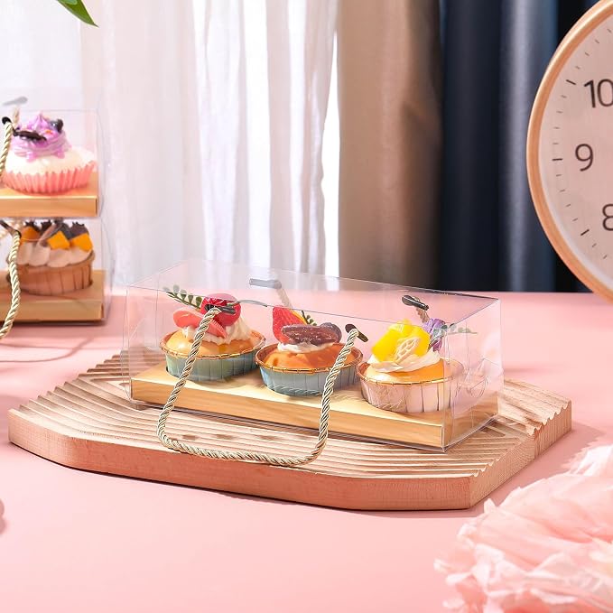 Thenshop 40 Pcs Clear Cupcake Boxes 9x3x3 in 3 Compartment Holder,Gold | Transparent Holders with Handles, Individual Pastry Display for Wedding Graduation Party Favors Cookies Treats Gifts