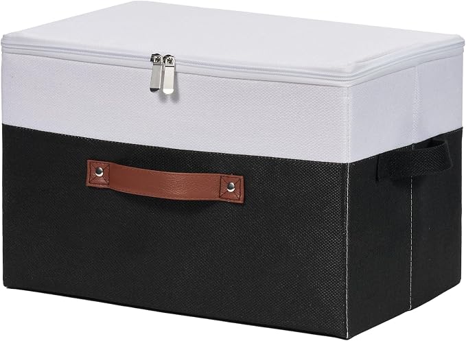 Storage Bins with Zipper Lids Decorative Lidded Baskets Boxes | Clothes Container, Closet Shelf Organizer, Foldable Washable, Cotton Linen Fabric, w/ PU Leather Handles, Black White, Large