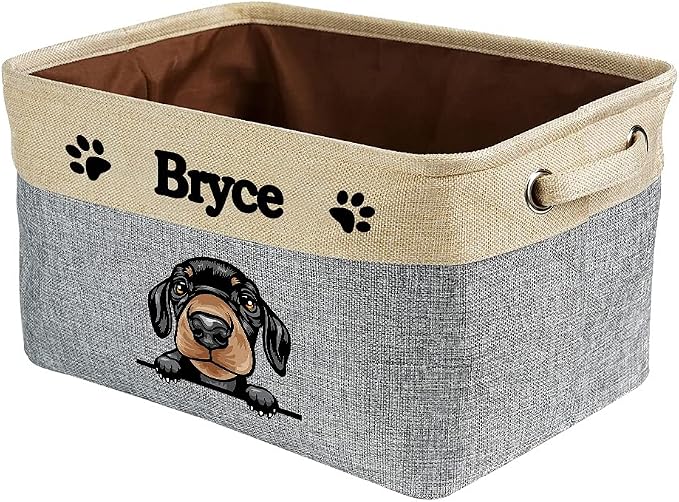 Custom Fabric Dog Toy Storage Basket with Funny Dog Dachshund Collapsible Sturdy Fabric Pet Toys Storage Bin Cube with Handles for Organizing, Grey and White