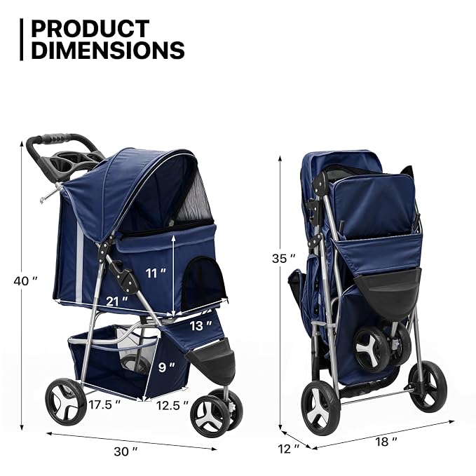 MoNiBloom Pet Stroller for Small/Medium Dogs and Cats up to 33 lbs, Blue | Foldable Dog Stroller 3 Wheels Pet Strolling Cart w/ Storage Basket Cup Holder, Breathable and Visible Mesh for All-Season