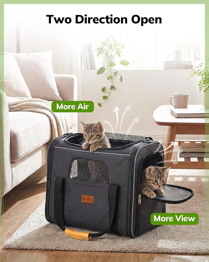 Morpilot Pet Carrier for Large Cats, Puppies & Small Dogs Up to 25lbs | Escape-Proof with Locking Zippers, Dual-Sided Cushion, Safety Buckle for Car & Vet Travel, Includes Foldable Bowl (Dark Gray)