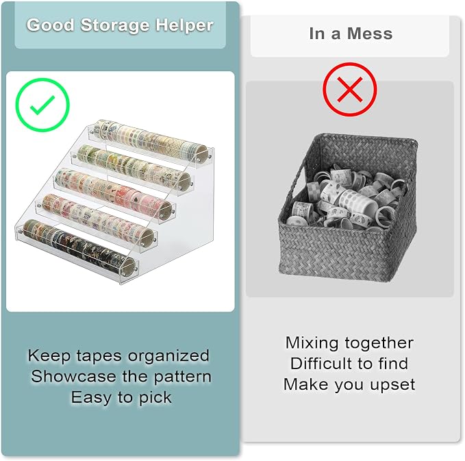 BTSKY 5 Tier Washi Tape Organizer - Clear Plastic Washi Tape Storage Rack, Assembly Washi Tape Storage Holder Washi Tape Dispenser Desk Accessories Display Caddy for Scrapbooking Art Craft Supplies