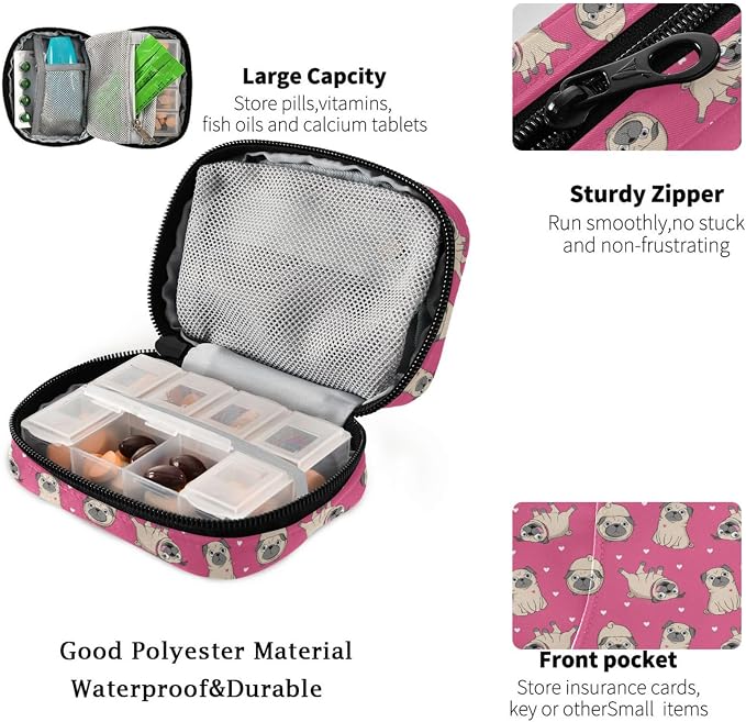 Fustylead Happy Funny Little Pugs and Hearts Pill Organizers 2 Times A Day Pill Case Bag with Zipper Portable Weekly Pill Dispensers for Vitamin Supplement