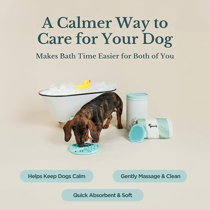 Nina Woof Bath Kit for Dogs & Puppies – Grooming Set with Recycled Polyester Towel, Silicone Brush & Lick Mat – Stylish At-Home Dog Bath Kit, Perfect Dog Gift