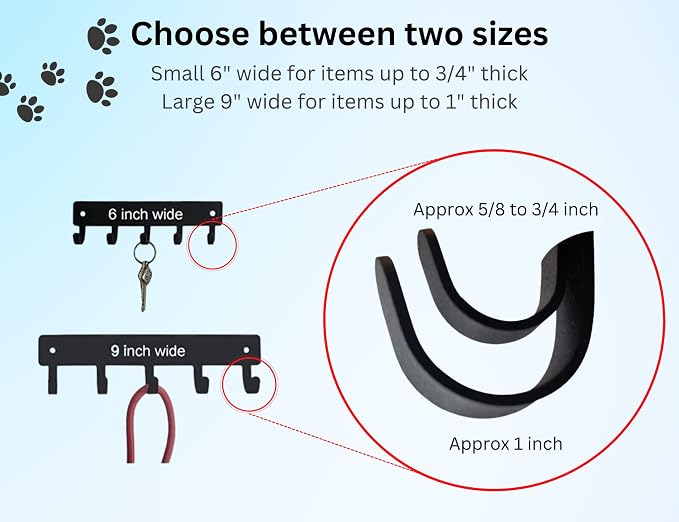 Paw Print Key Rack Hanger & Dog Leash Holder9 inch | Made in USA. 5 Hooks. Wall Mounted
