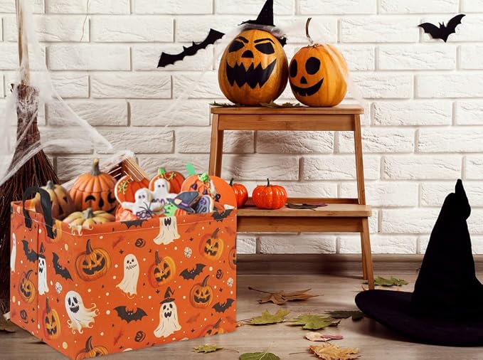 Rectangular Halloween Basket for Boys and Girls Kids Trick or Treat Pumpkin Basket for Halloween Parties Cute Storage Bin Organizer Box Room Decor(Yellow Pumpkin Ghost)
