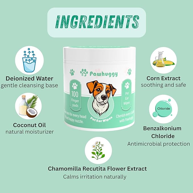 Dog Ear Cleaner – Dog Ear Wipes 100 Count – Ear Wipes for Dogs & Cats – Cat Ear Cleaner Finger Wipes – Pet Ear Wipes to Remove Wax & Relieve Itching – Coconut Scent
