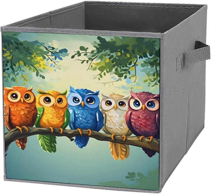 Owl Foldable Storage Bins, 10.6" Cube Storage Organizer, Sturdy Oxford Cloth Fabric Baskets for Closet, Shelf, Nursery, Bedroom, Decorative Printed Box for Toys & Clothes