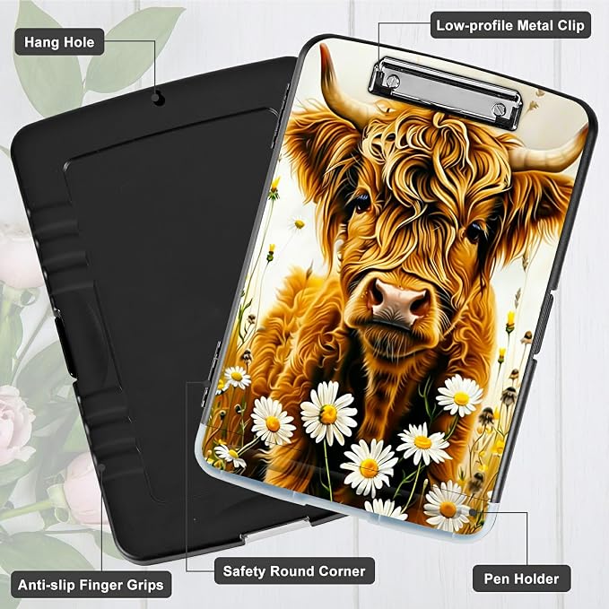 Flower Yellow Cow A4 Clipboard with Storage Pen Holder, Clipboards Organizer Nursing Clipboard Foldable File Folder Plastic Clipboard Folio Clip Board for Office Students Classroom Doctor