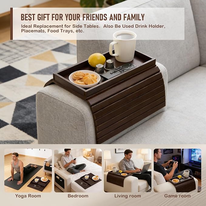 Bamboo Sofa Arm Tray Table, Foldable Couch Arm Tray Side Table, Anti-Falling Armrest Tables Cup Holder for Snacks, Couch Armrest Organizer, Serving Tray for Snacks and Drinks (Brown)