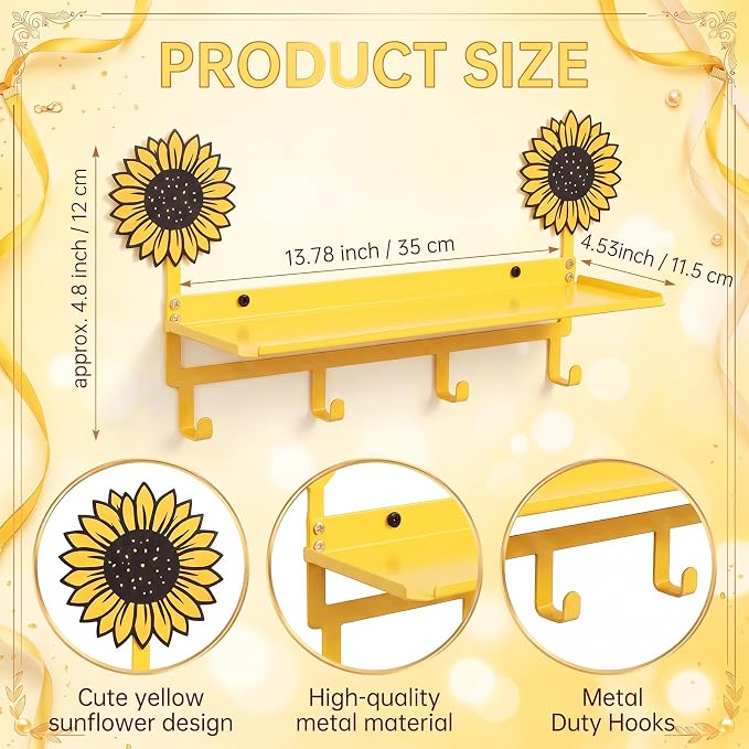 Yellow Sunflower Coat Rack Wall Mount with Shelf Metal Entryway Hanging Shelf with 4 Hooks Cute Beach Coastal Bedroom Accessories Decor for Dog Leash Pet Collar Keys Clothes Hats Towel Purse