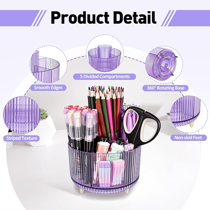 360 Rotating Pen Pencil Holder for Desk, Pen Organizer with 5 Slots | Makeup Brush Holder, Desk Organizer and Accessories, Cute Pencil Cup Caddy for Office School Home Decor Art Supply (Purple)
