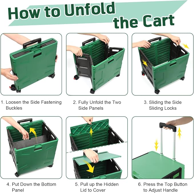 FELICON Folding Utility Cart Rolling Crate Handcart Basket-Dark Green+Black | Collapsible Hidden Lid,Plastic Box,Telescoping Handle,4 Rotate Wheels for Travel Shop Move Grocery Laundry Office Teacher Use