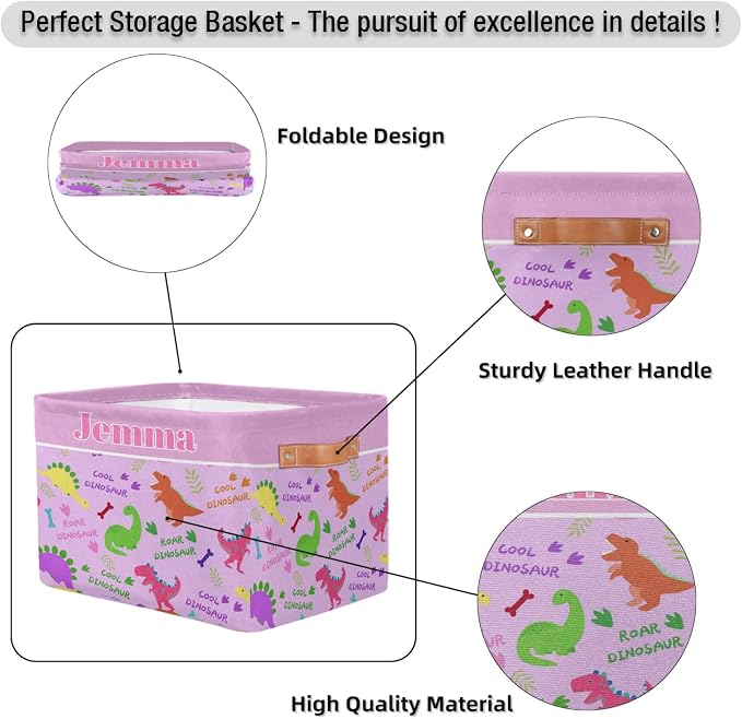 Personalized Dino Storage Basket with Name, Rectangle Toys Storage Bin with Handles for Baby Girls, Collapsible Basket for Clothes, Books, Colorful Dinosaurs with Bone Light Purple Background