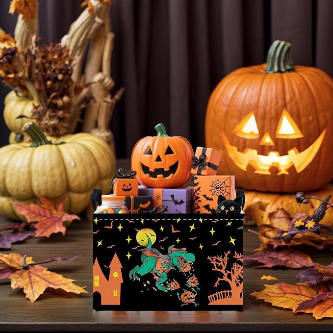 Halloween Basket Gift Cute Pumpkin Ghost Parties Decor Kid Trick or Treat Basket for Boys and Girls Rectangular Storage Bin Box (Dinosaur)