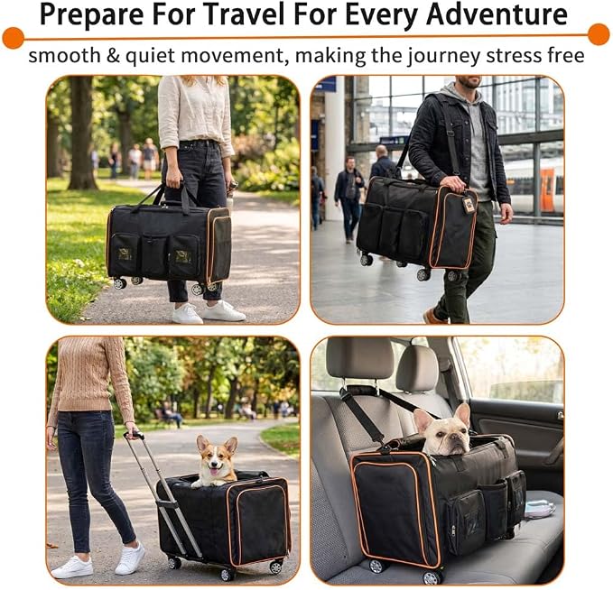 Large Cat Carrier on Wheels for 2 Cats, Double Rolling Pet Carrier with Wheels & Mesh Windows,Foldable Travel Crate for Dogs Cat for Airplane,Travel,Car,Camping