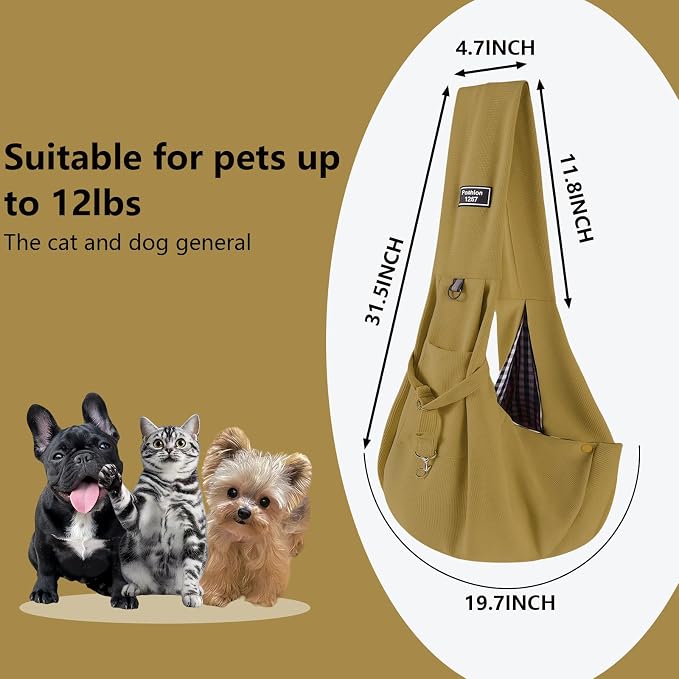 Dog Sling Carrier Soft Breathable for Small Dogs Cats 3-12 lb Khaki | Cat sling & dog carrier sling with safety tether, organizer pocket, soft fabric. Perfect for travel, hiking,outdoor