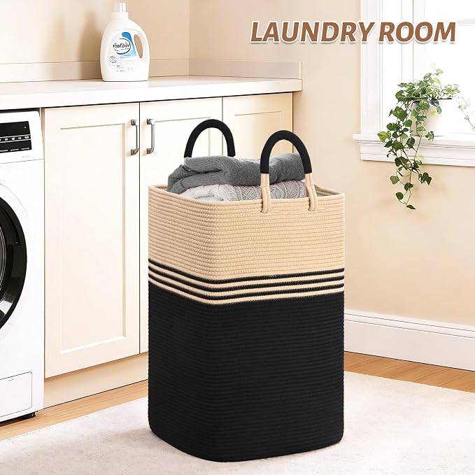 Laundry Basket Hamper,Blanket Storage,Dirty Clothes Hamper with Swivel Handles,Woven Cotton Rope Toy Baskets,Blanket Basket Living Room,Decorative Hampers for Nursery,Bedroom,Brown & Black,80L