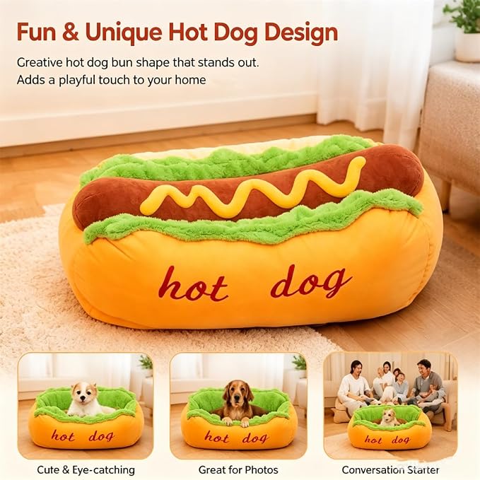 Hot Dog Dog Bed, Hot Dog Bun Dog Bed, Hotdog Dogbed for Dachshund, Funny Petbed House, Novelty Hotdog Sleepbed Small Puppy Large Dog Soft Kennel Sleepingbed Pet Accessories (M)