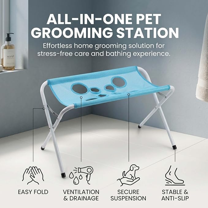 Pet Bathing Hammock, Foldable 8-Hole Grooming Stand for Small Pets (Blue) | Easier Pet Bathing, Less Scratches and Bites, Sturdy Frame Quick-Dry Mesh, Ideal for Dogs & Cats, Nail Trimming and Grooming