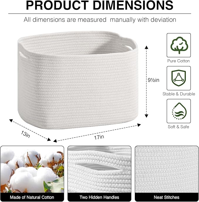 ICERZCZ Woven Cotton Rope Baskets for Gifts Empty, 17×13×9.5 Off White | Storage Baskets for Organizing, Cute Decorative Basket, Organizer Bins for Dog Toy, Baby Laundry, Gift, Nursery