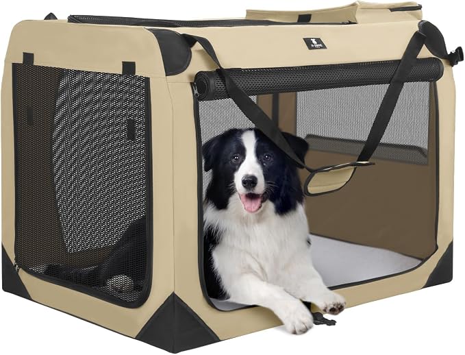 X-ZONE PET Dog Crate 3-Door Kennel, Collapsible Portable Soft Sided Pet Carriers for Indoor & Outdoor, Multiple (36-Inch, Rice White)